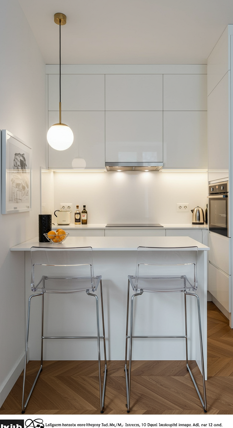 Moderne witte keuken met compact eiland en twee transparante barkrukken.