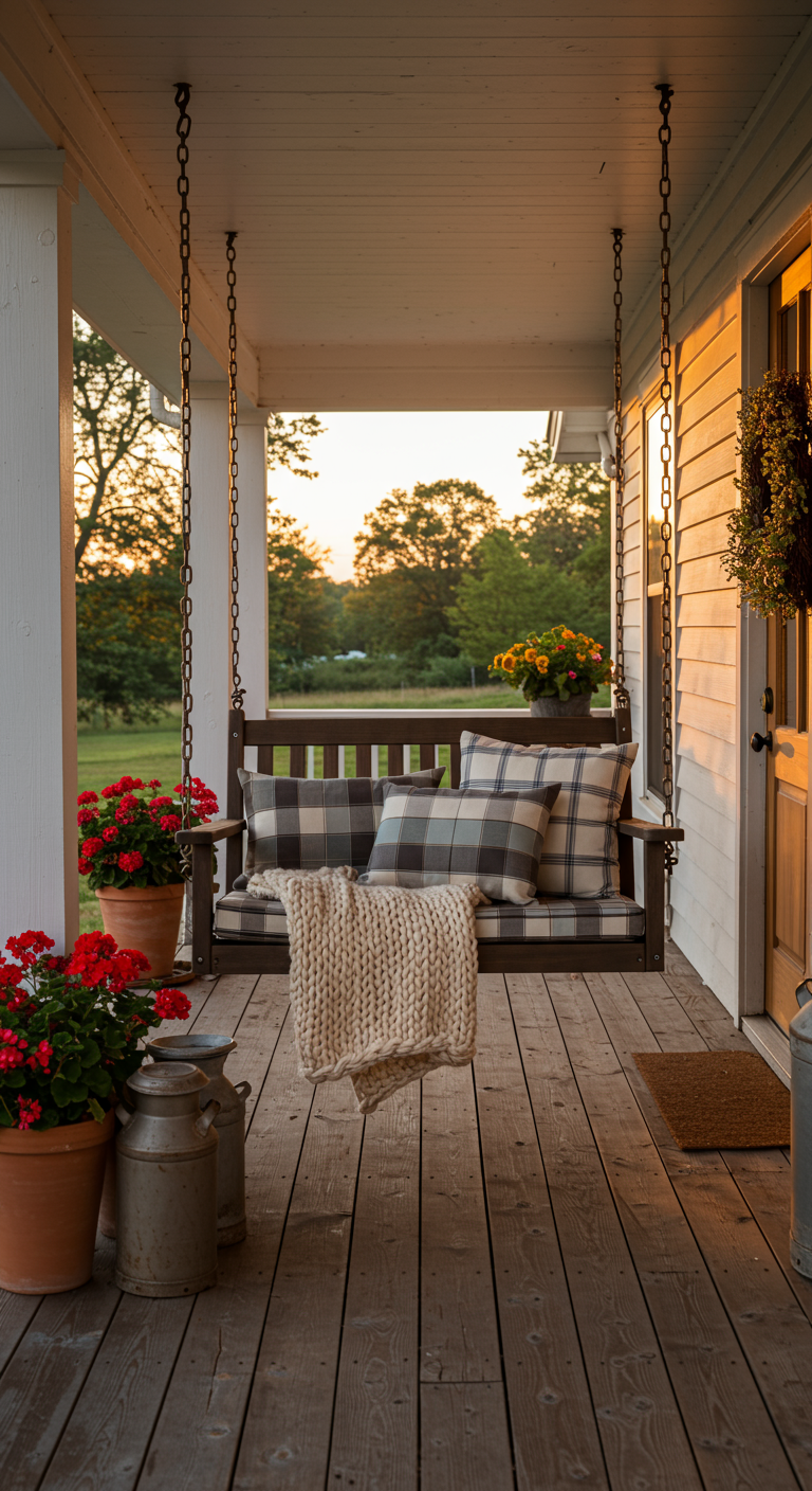 Houten veranda schommelbank met geruite kussens en een gebreid plaid, potten met rode bloemen.