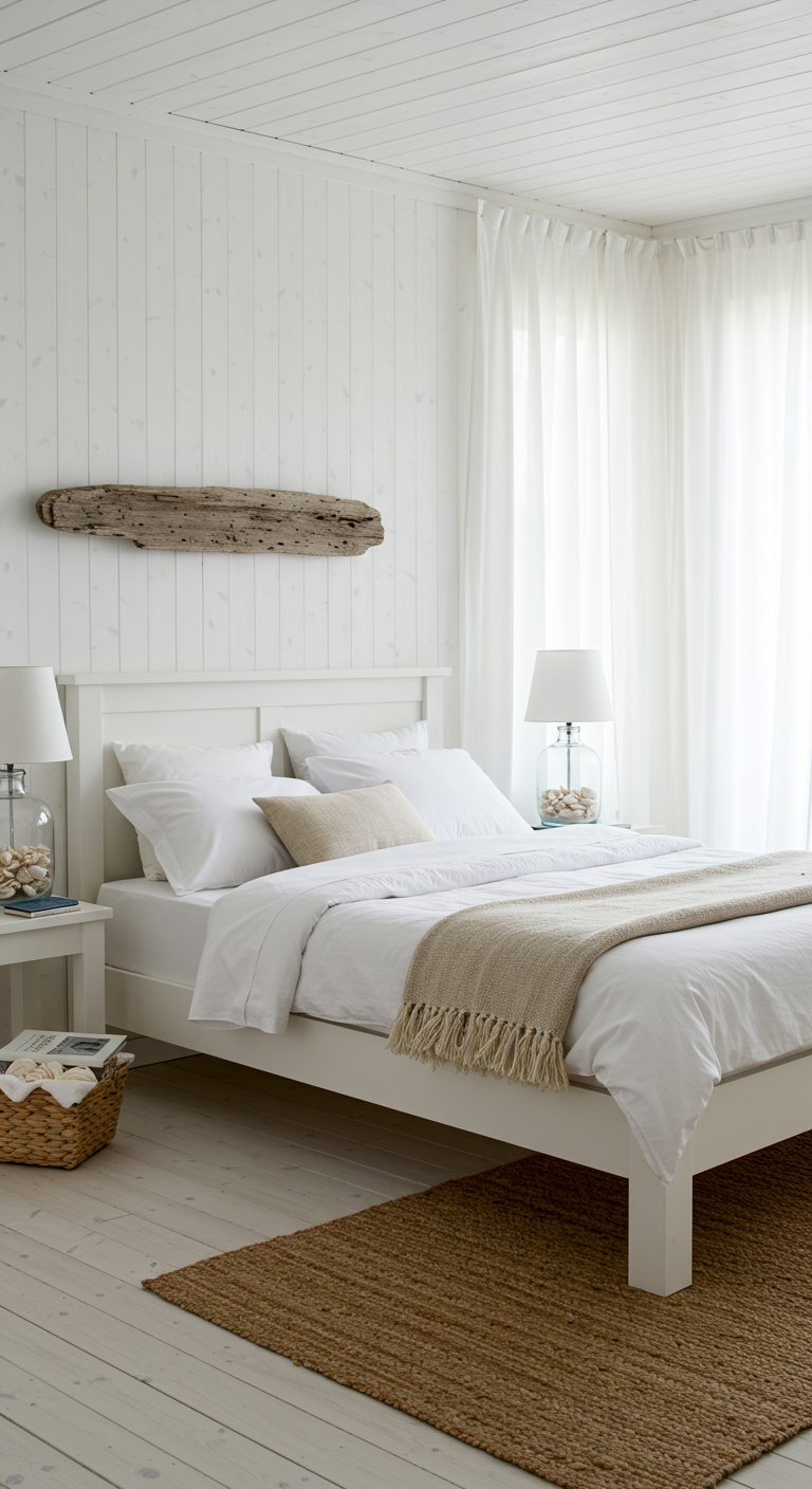 Witte slaapkamer met strandthema, drijfhout boven bed en jute kleed.