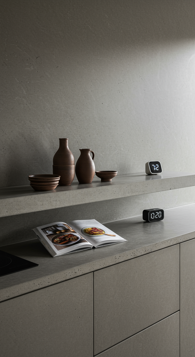 Minimalistische betonnen wandplanken met aardewerken schalen, een kookboek en digitale klokjes.