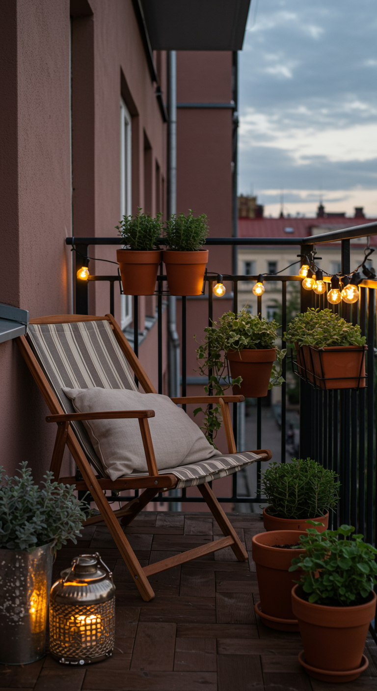 Smal balkon met houten stoel, planten en sfeerverlichting.