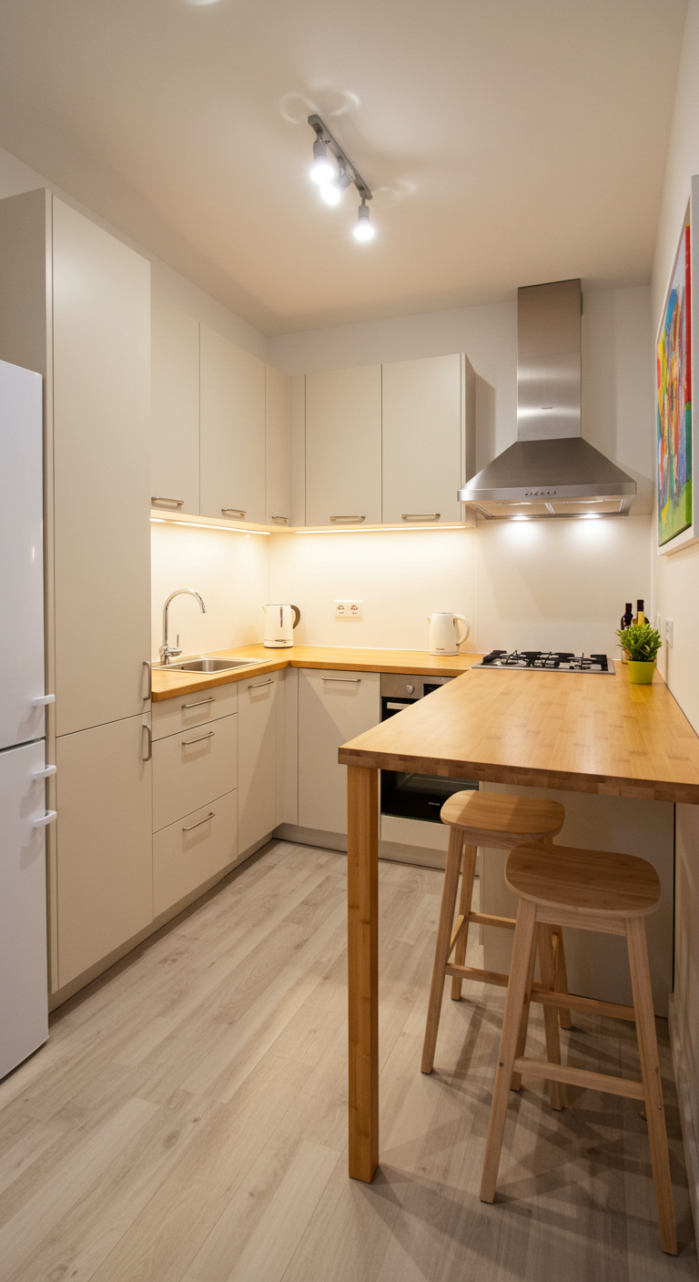 Kleine witte minimalistische keuken met een houten bar en krukjes.
