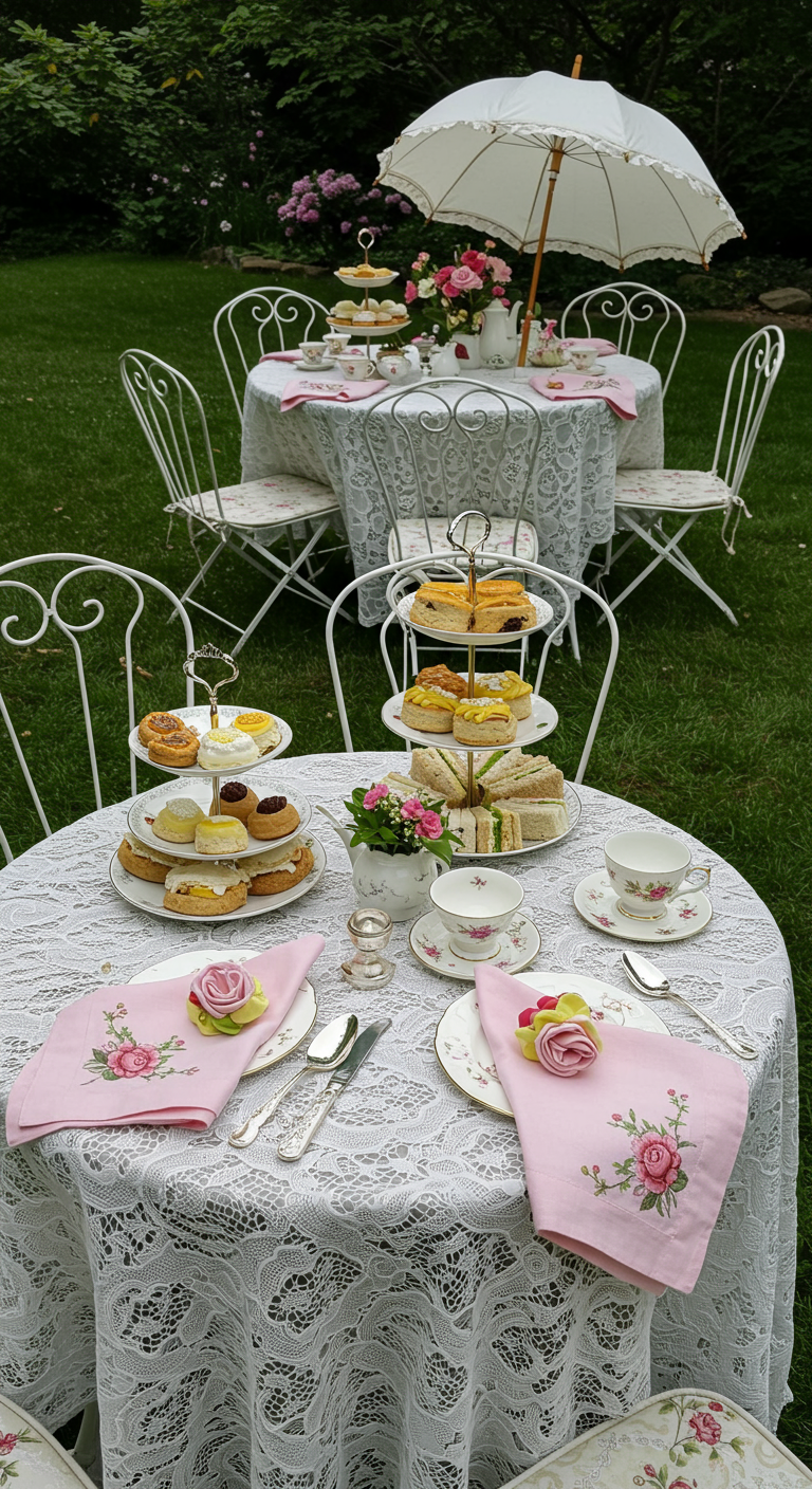 Engelse high tea setting met kanten tafelkleed en roze servetten.
