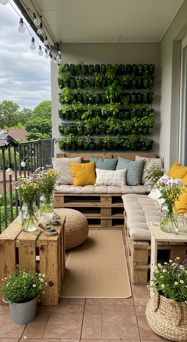 Balkon met palletbank, kussens en een grote verticale plantenwand vol kruiden.