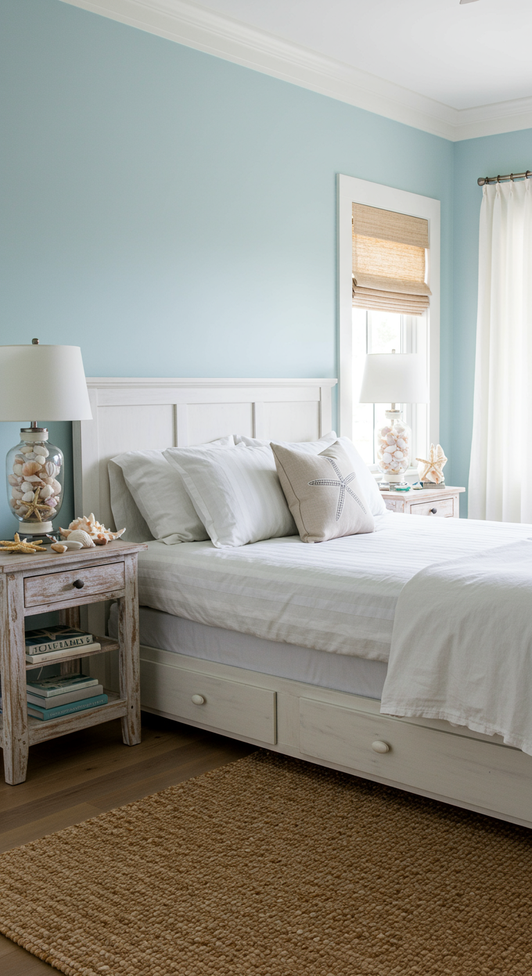 Lichte slaapkamer met hemelsblauwe muur, wit beddengoed en strandthema accessoires.