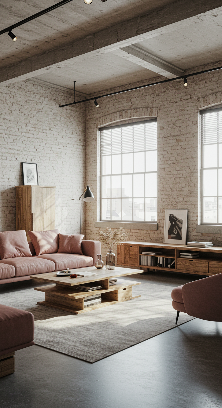 Industriële loft woonkamer met bakstenen muur, betonnen plafond en roze bank.