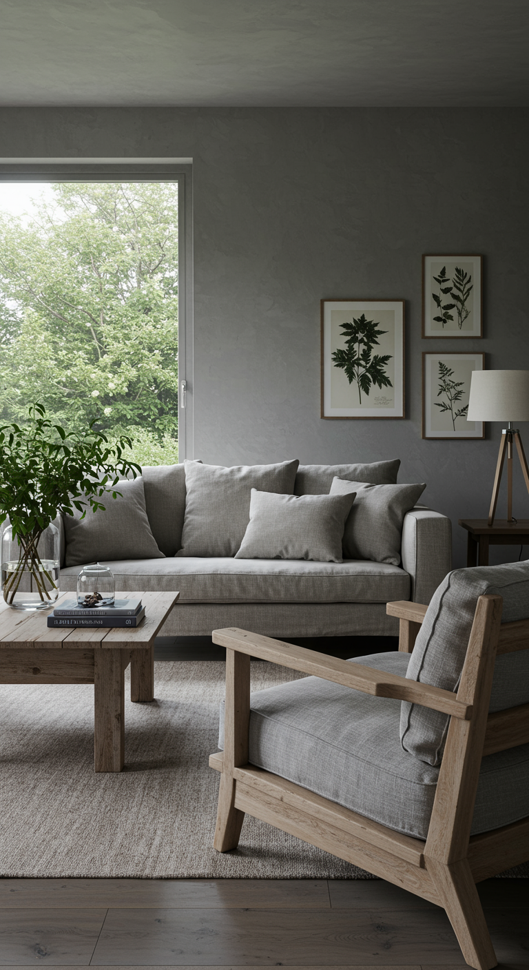 Japandi woonkamer met grijze bank, houten meubels en botanische kunst.