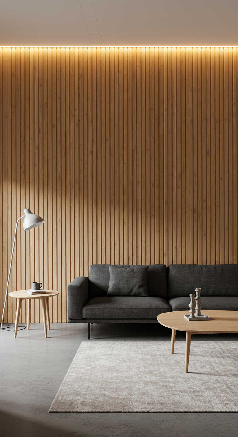 Minimalistische woonkamer met een lichte houten lattenwand met indirecte verlichting achter een donkere bank.