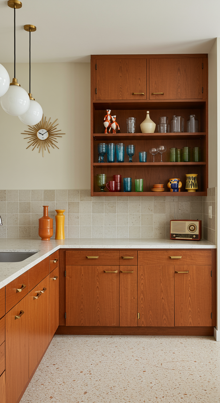 Mid-century moderne keuken met houten kasten en een open vak met gekleurd glaswerk.