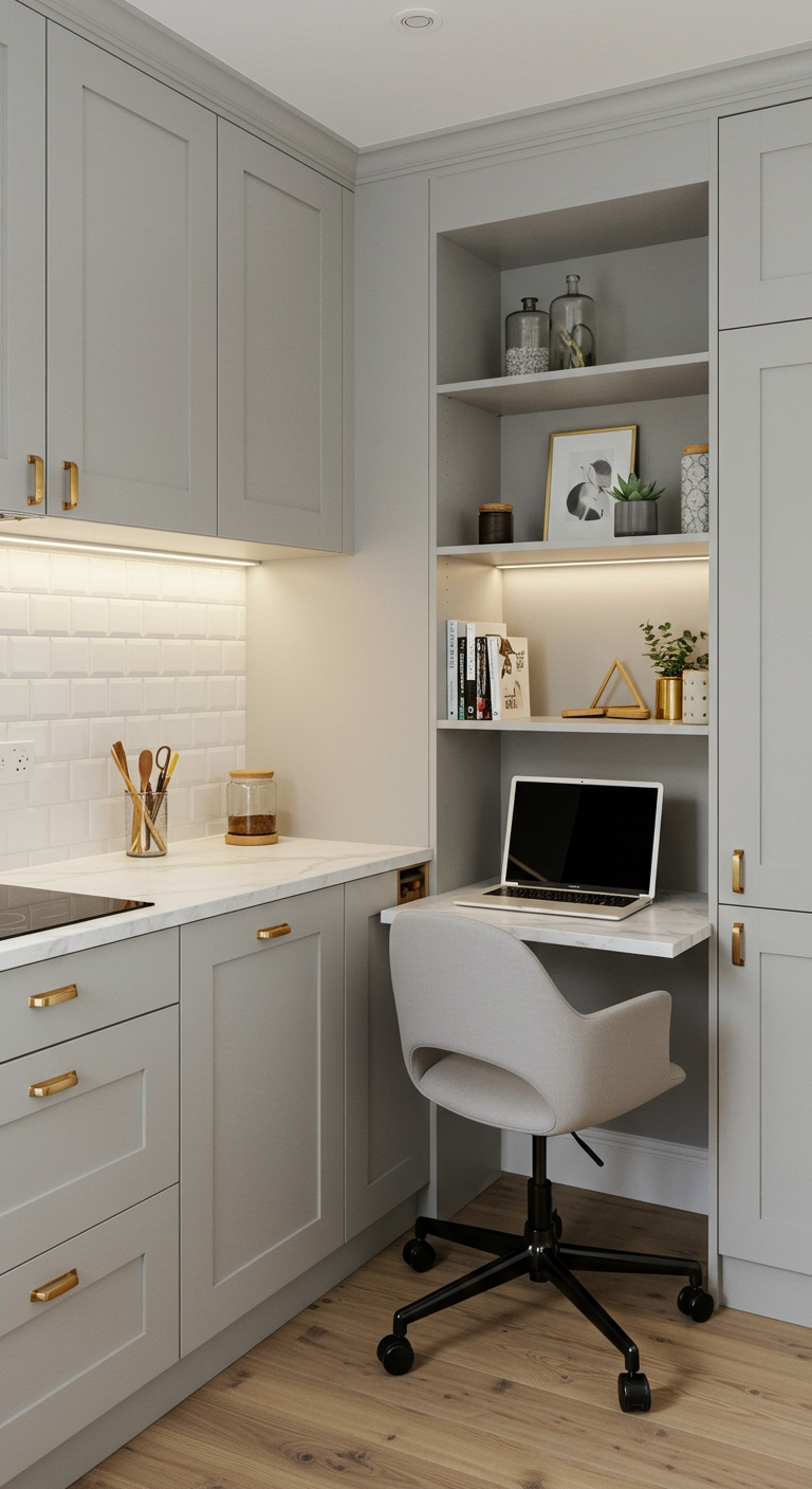 Moderne grijze keuken met een slim geïntegreerd klein bureau en planken.