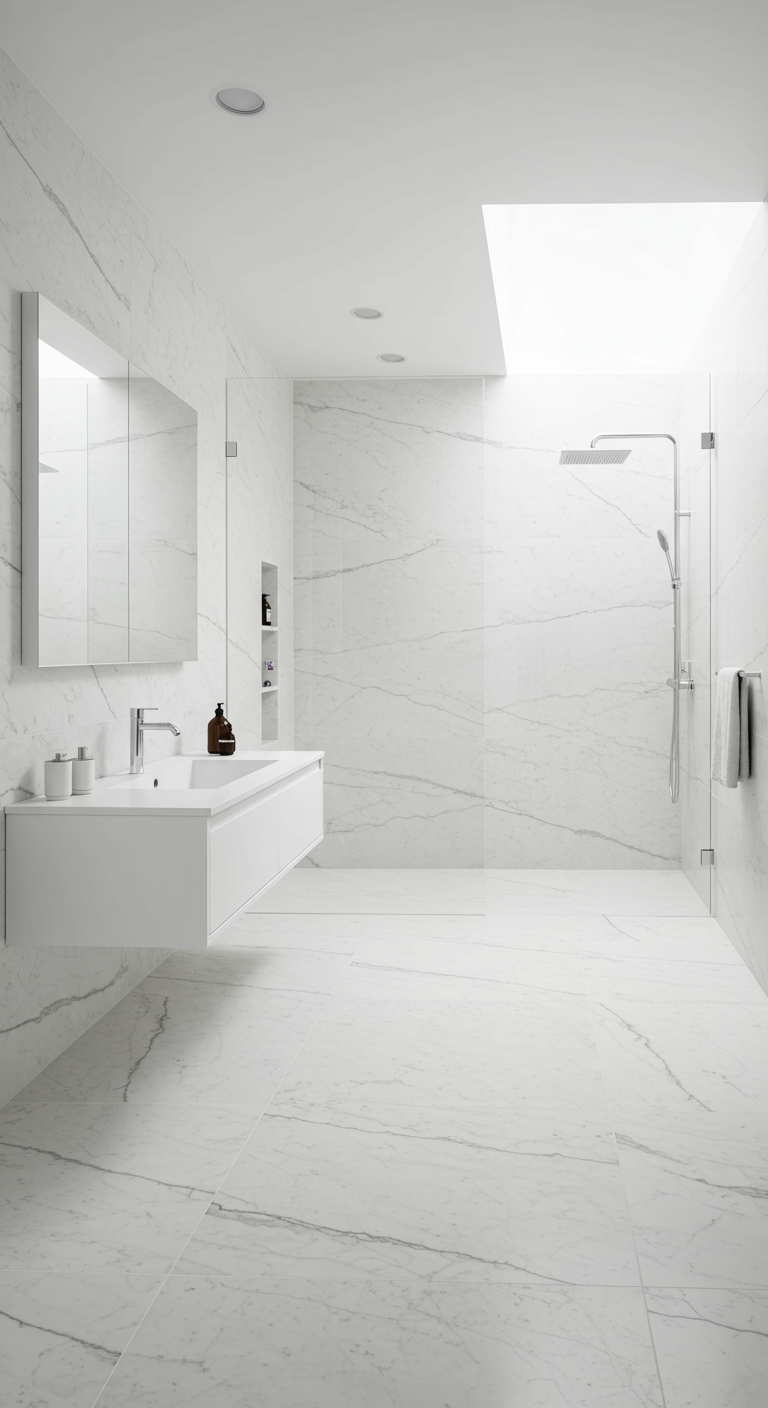 Minimalistische witte marmeren badkamer met een lichtkoepel en een zwevend wastafelmeubel.
