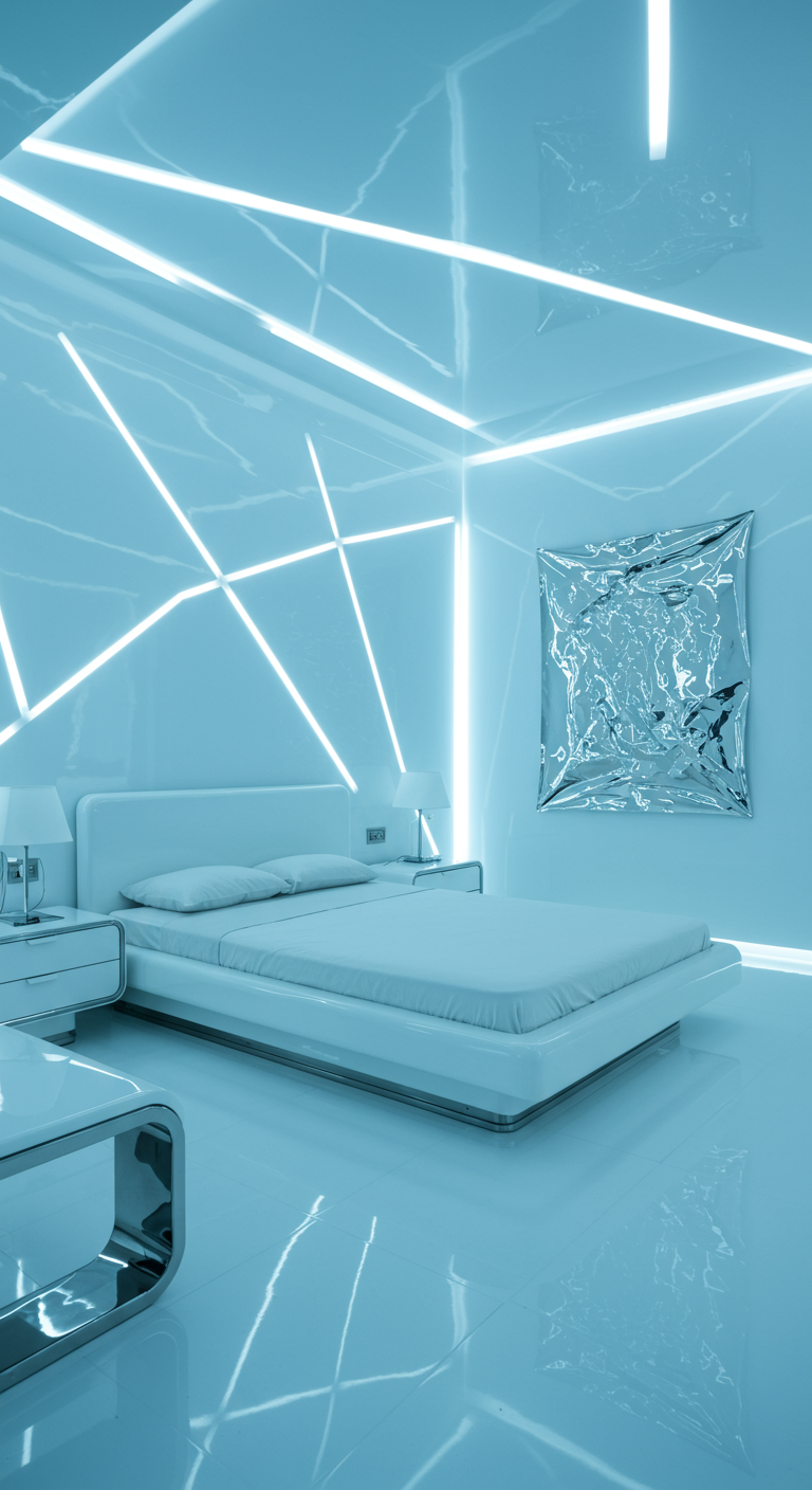 Futuristische slaapkamer met lichtblauwe neonverlichting en witte meubels.