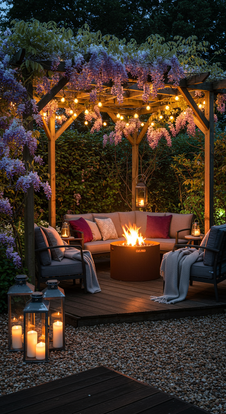Vuurkorf onder een pergola met blauweregen, loungeset en lantaarns.
