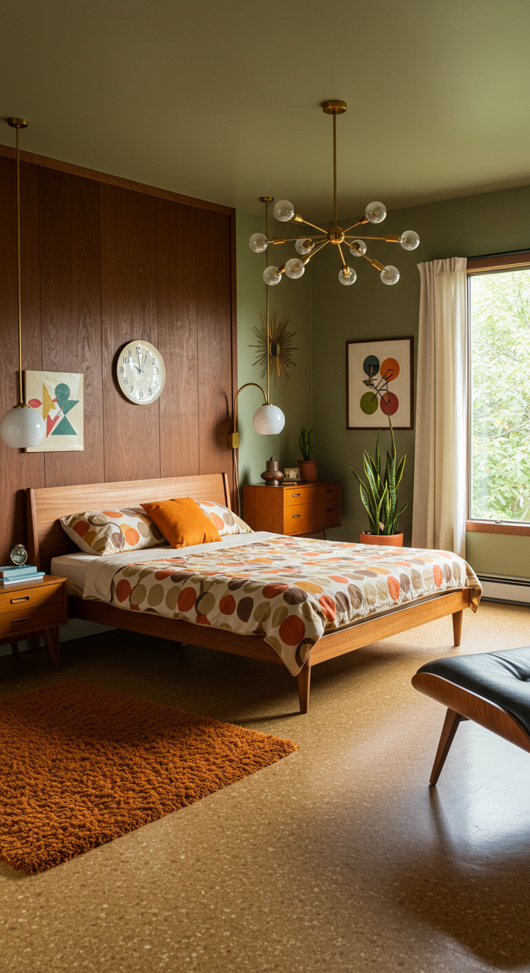 Mid-Century Modern slaapkamer met houten panelen en olijfgroene muur.