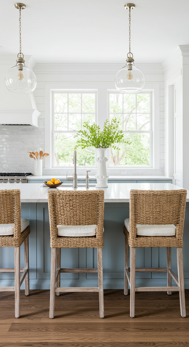 Lichte keuken met blauw eiland en rotan barkrukken met witte kussens.