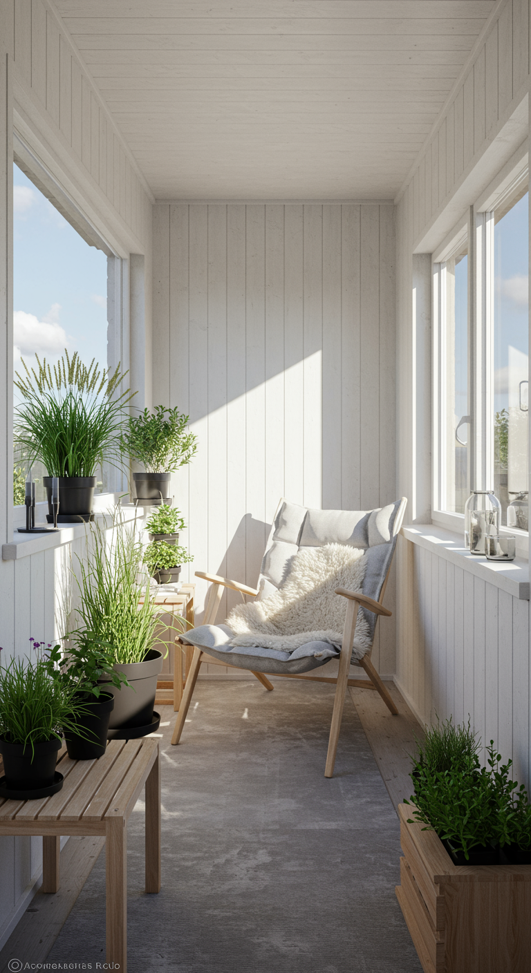 Lichte, Scandinavische serre/balkon met houten stoel, veel planten en zonlicht.
