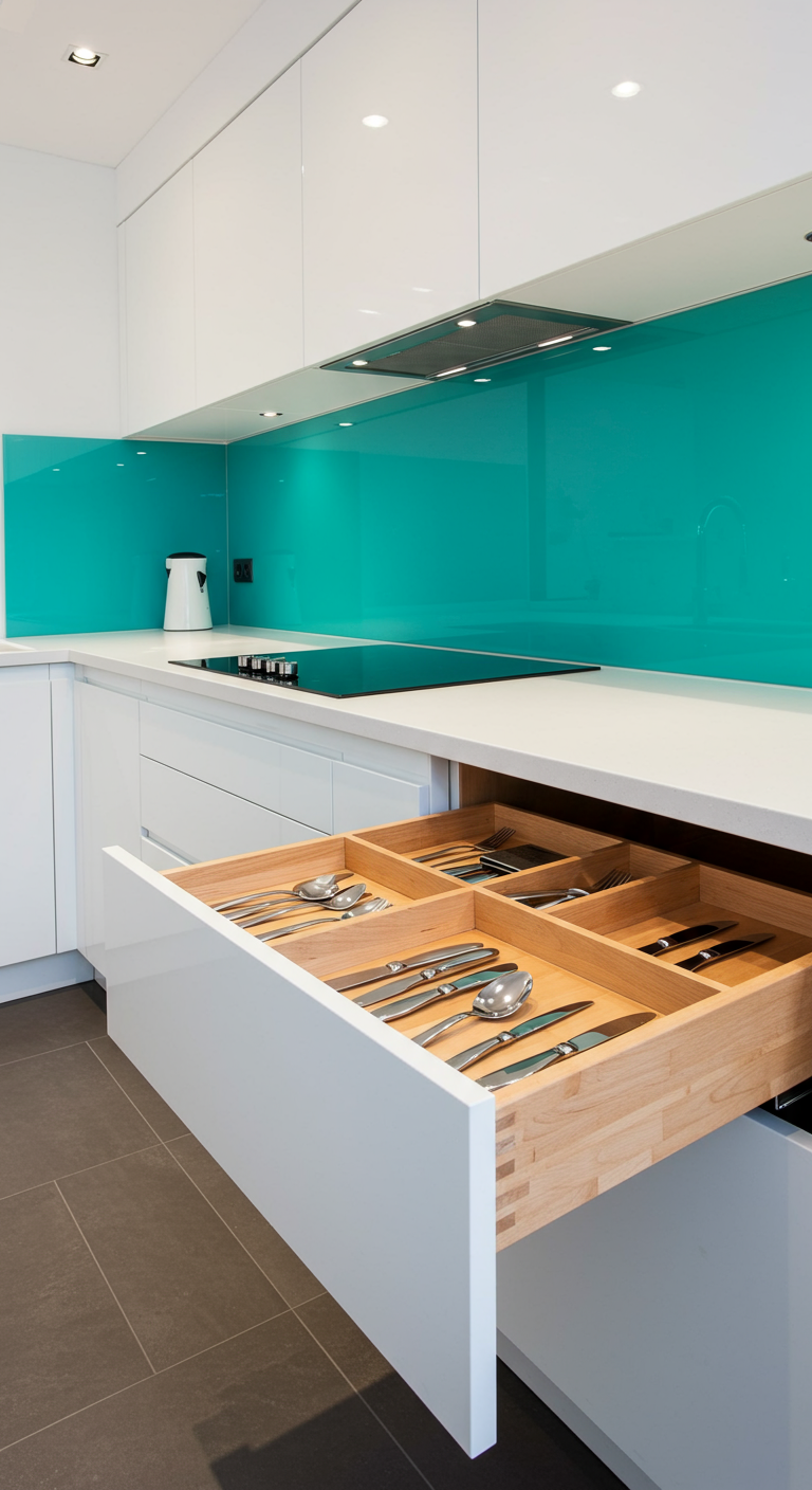 Witte keukenlade met een eenvoudige houten bestekbak, tegen een turquoise glazen achterwand.