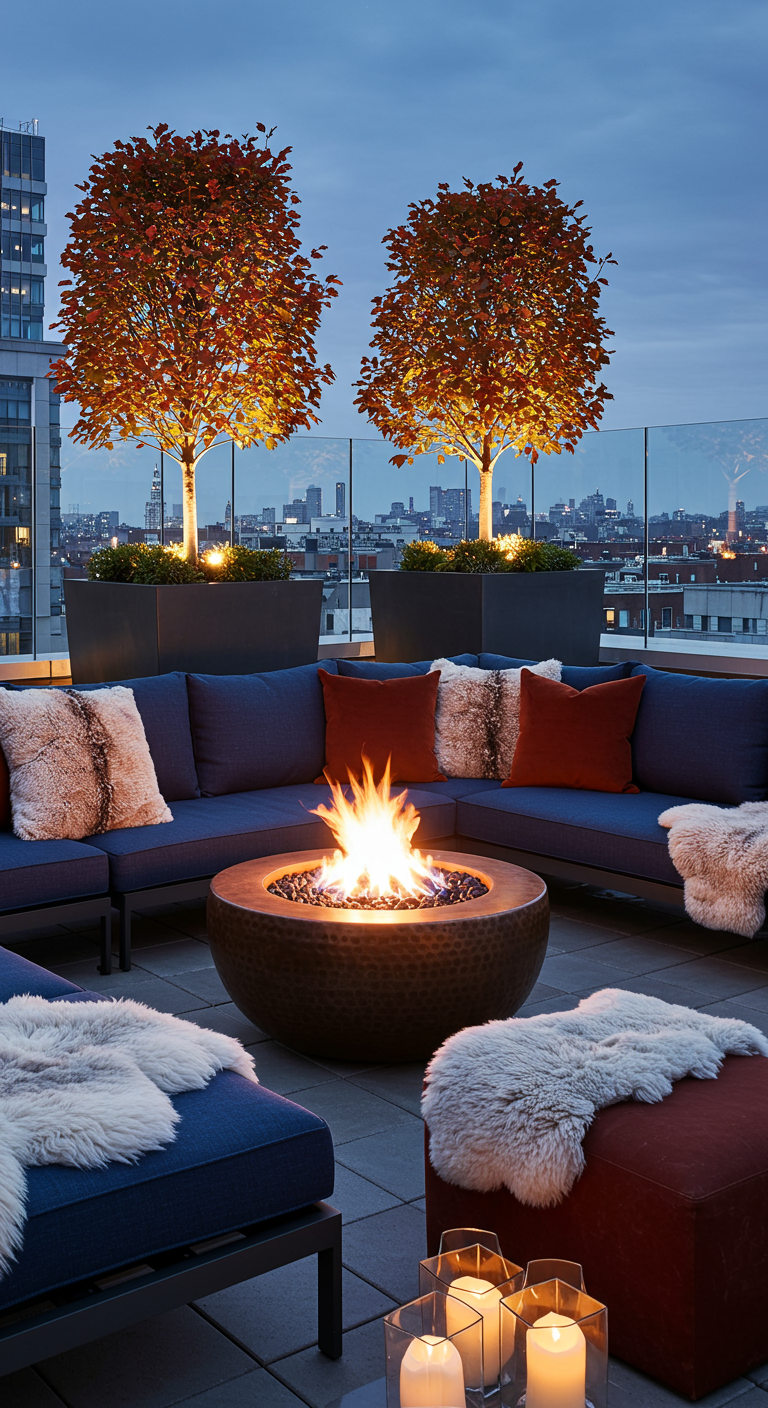 Dakterras met blauwe loungebank, vuurschaal, schapenvachtjes en uitzicht over de stad.