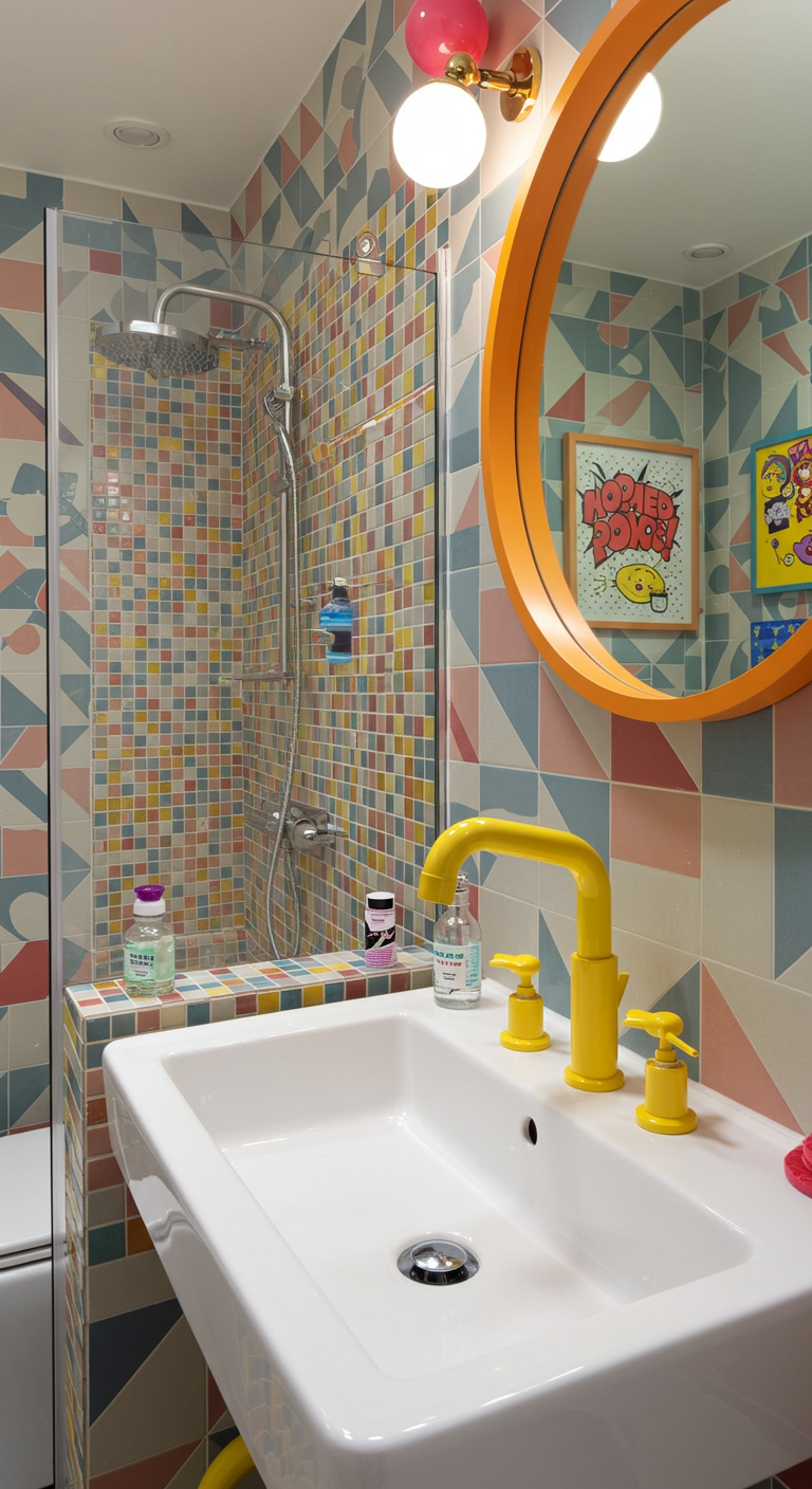 Knalgele wastafelkraan in een kleurrijke badkamer met mozaïektegels.