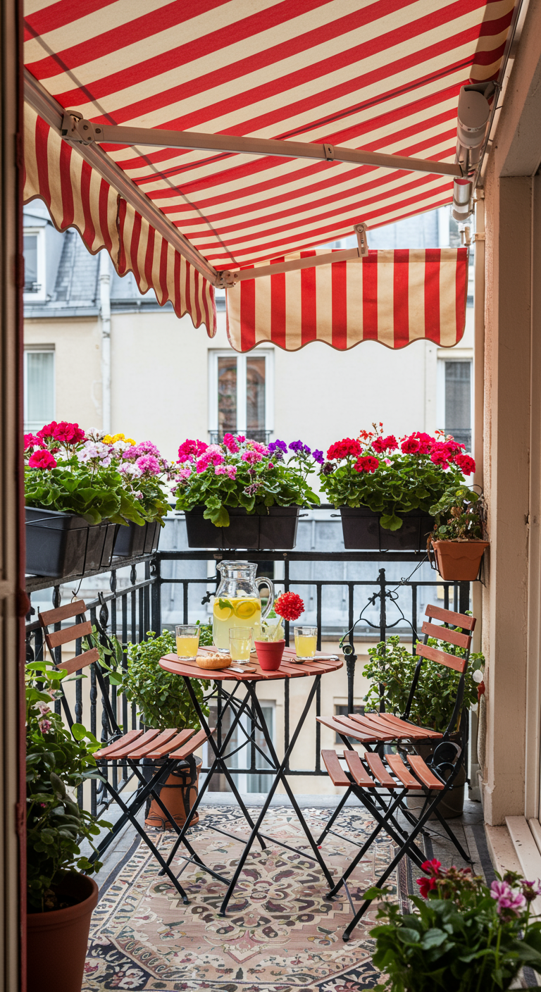 Balkon met rood-wit gestreept zonnescherm, houten bistroset en kleurrijke bloemen.