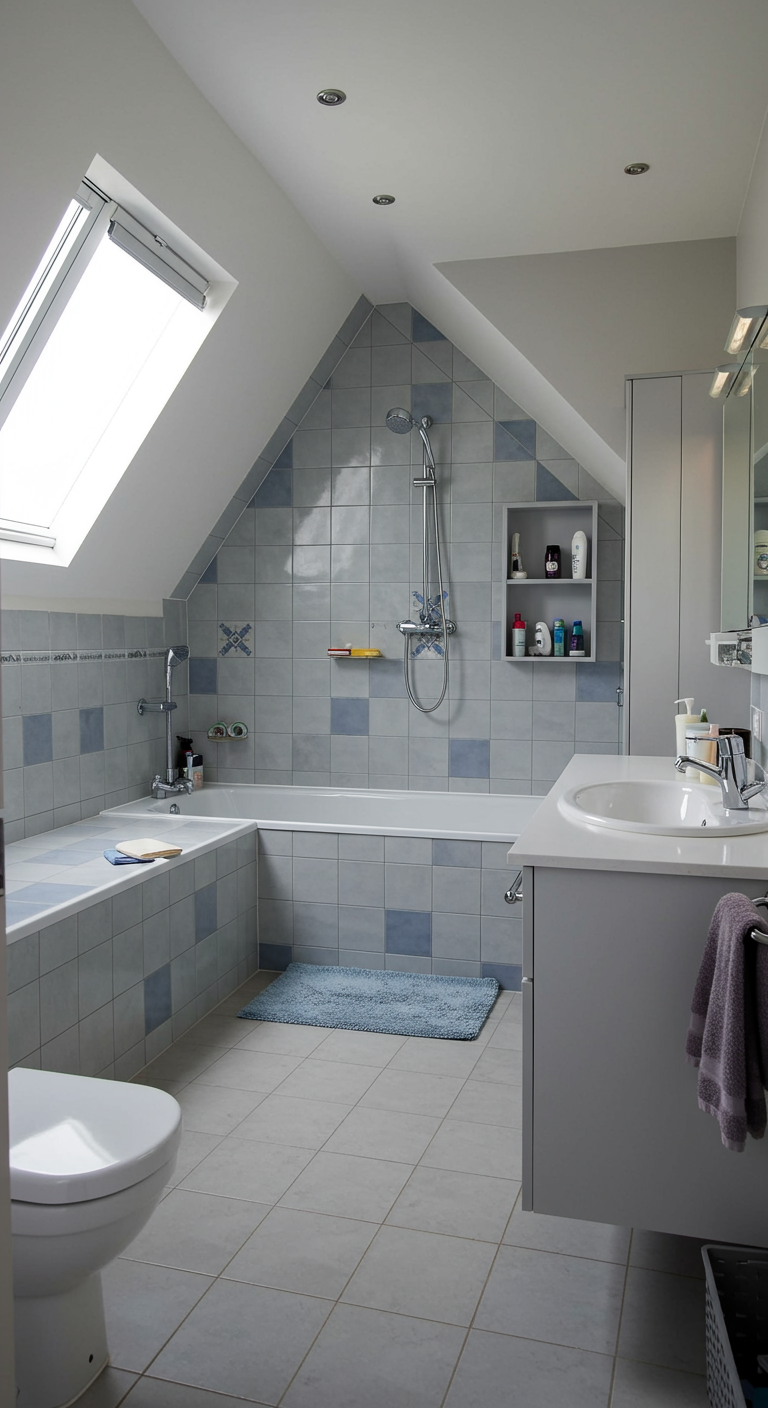 Badkamer met bad onder schuin dak, betegeld met blauw-witte ruitpatronen.