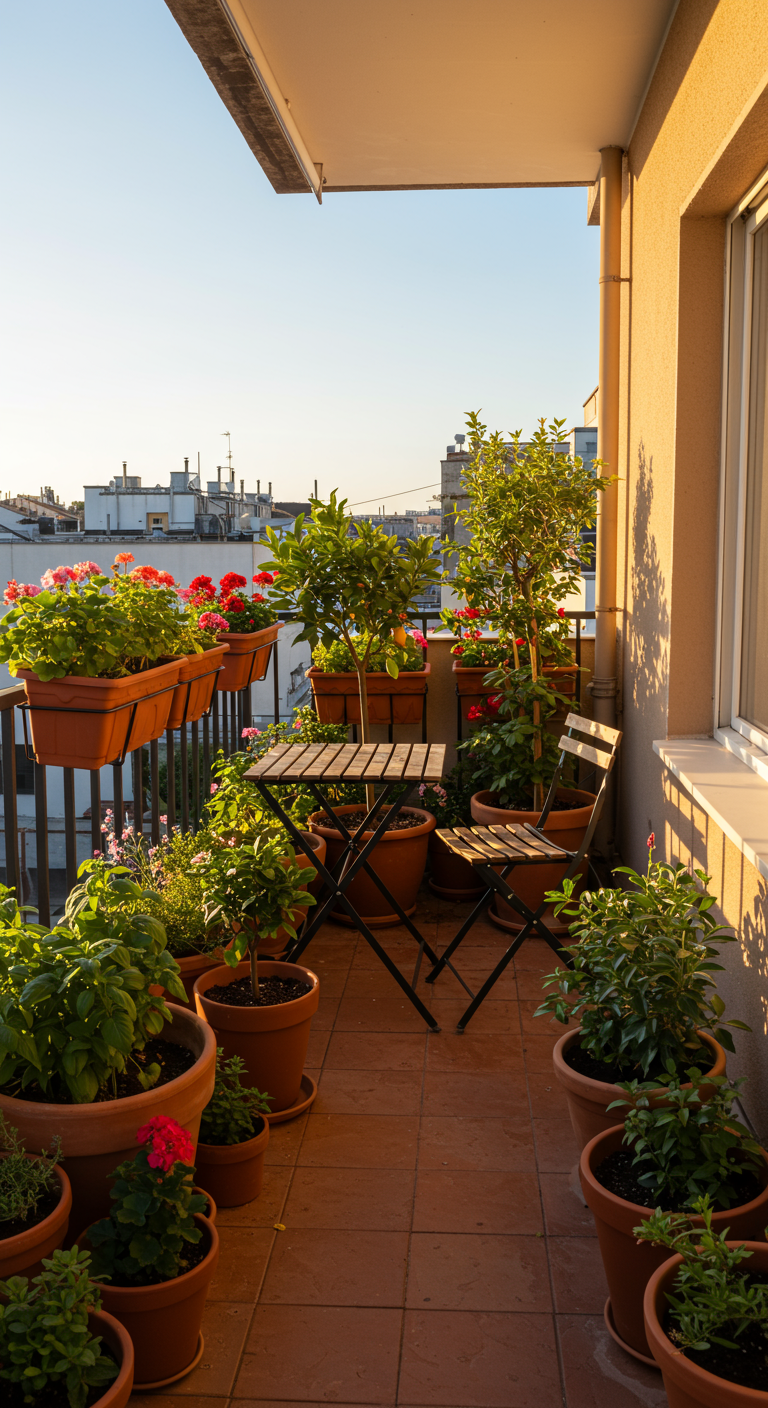 Balkon vol met planten in terracotta potten en een klein houten bistrosetje.