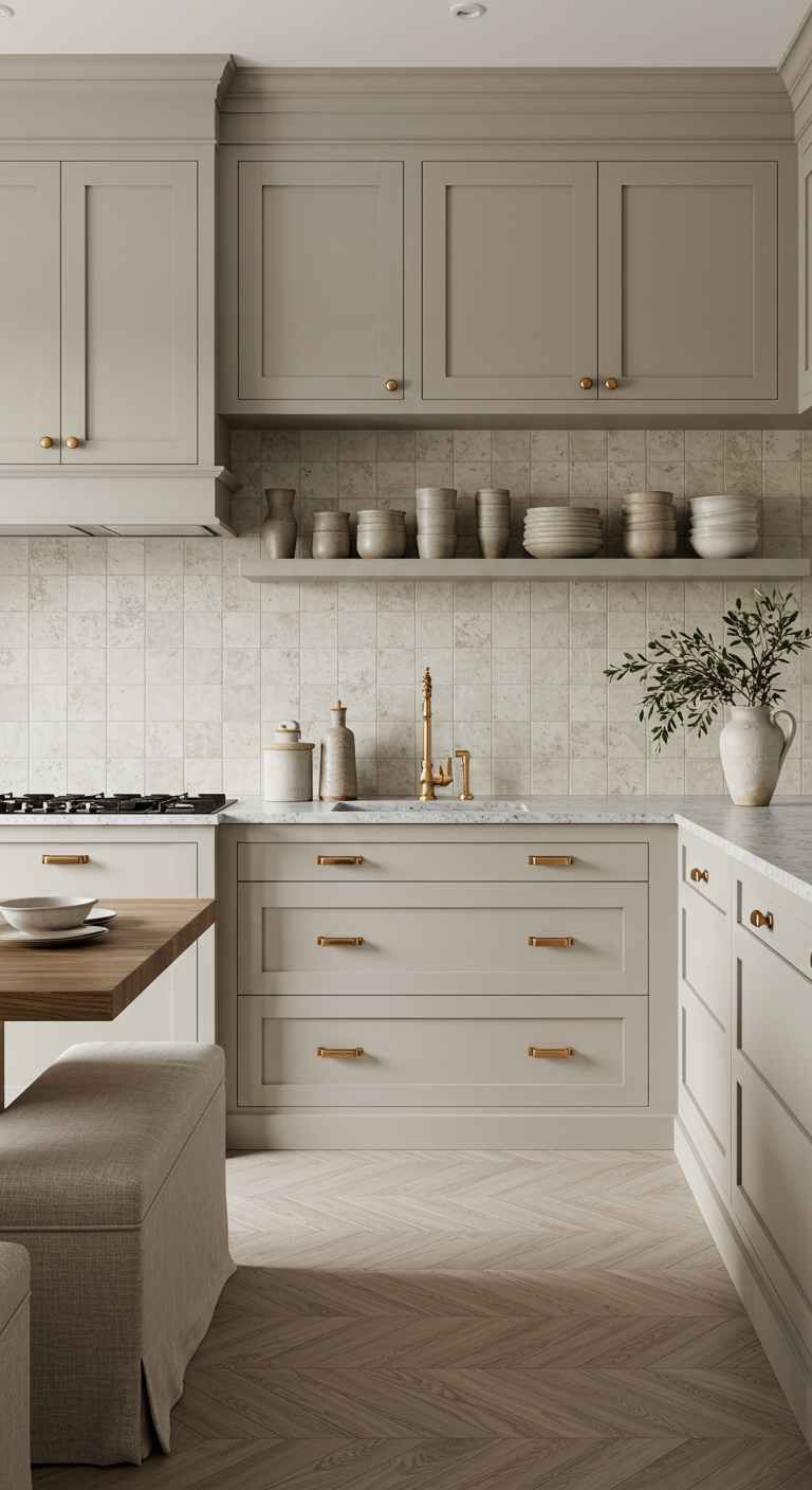 Beige keuken met open plank met ton-sur-ton servies en houten eethoek.