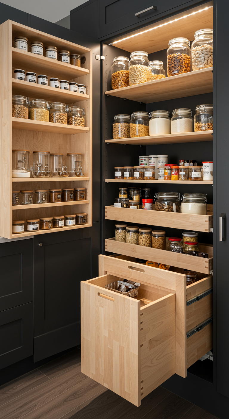 Opengetrokken voorraadkast met houten lades en planken, vol met glazen potten.