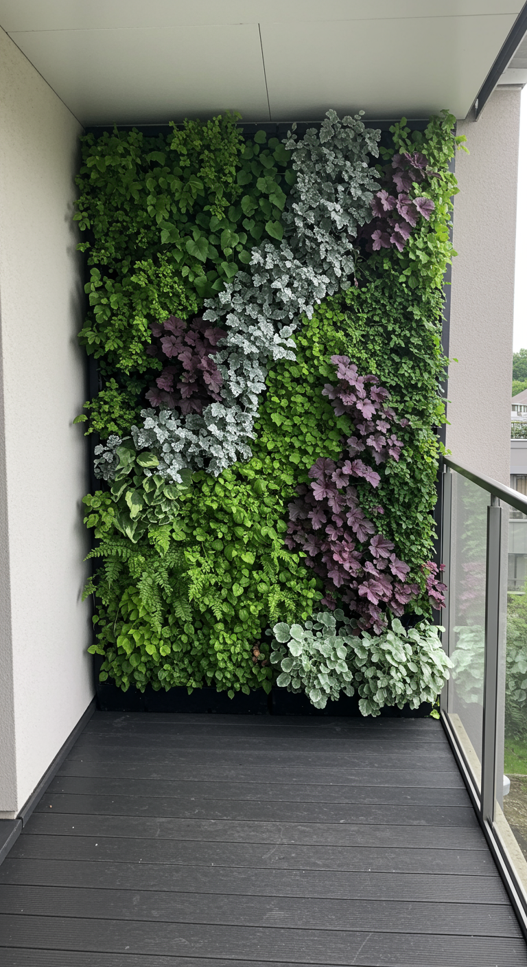 Grote verticale plantenwand (living wall) met diverse soorten groene en paarse planten.