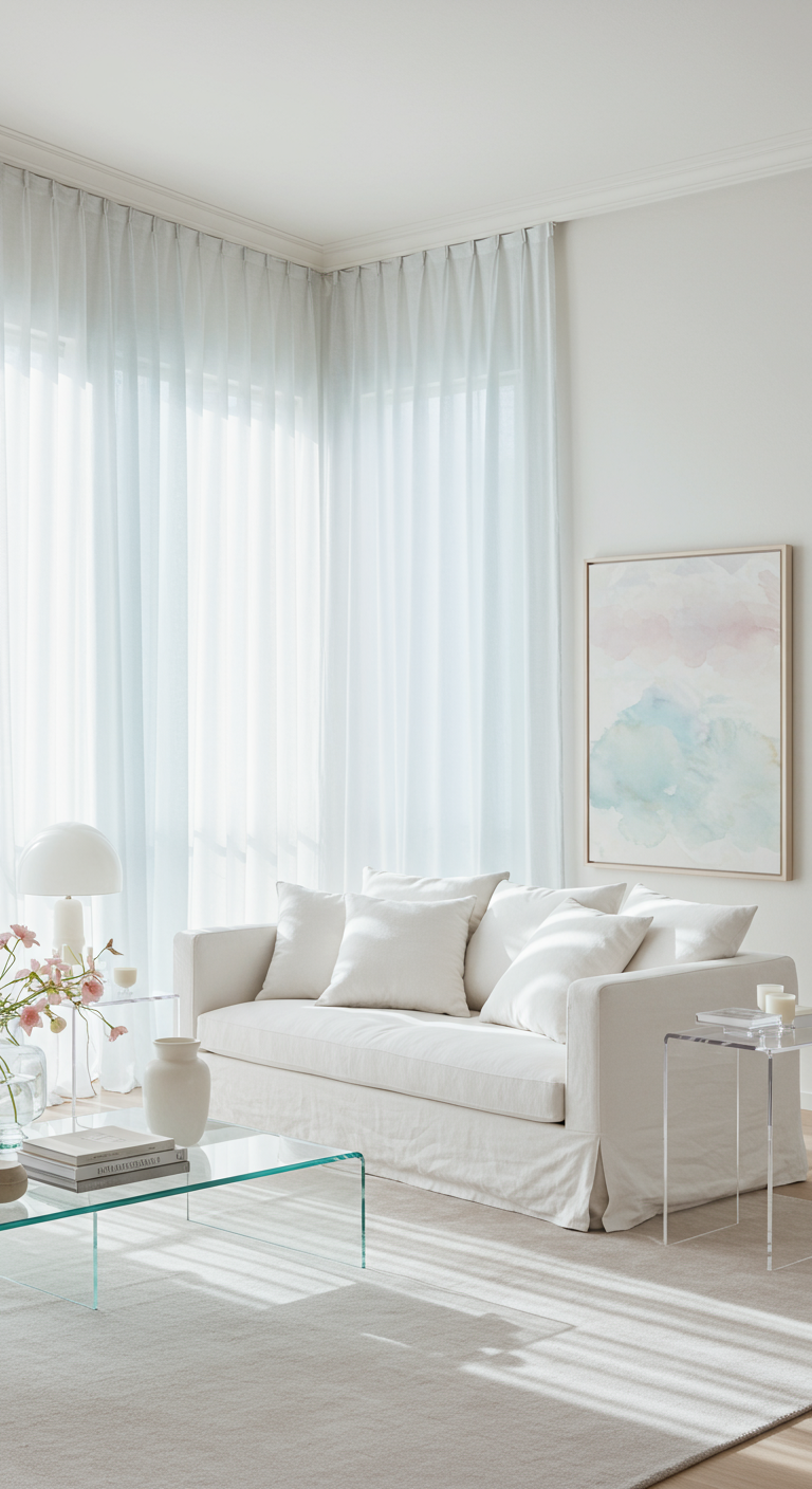 Lichte woonkamer met witte bank, glazen tafel en pastel aquarel kunst aan de muur.