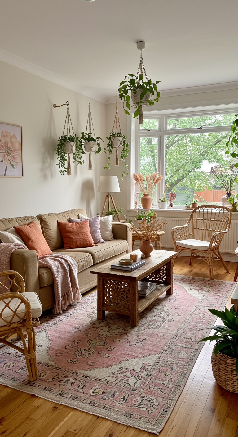 Bohemian woonkamer met beige bank, pastel kussens, roze tapijt en veel planten.