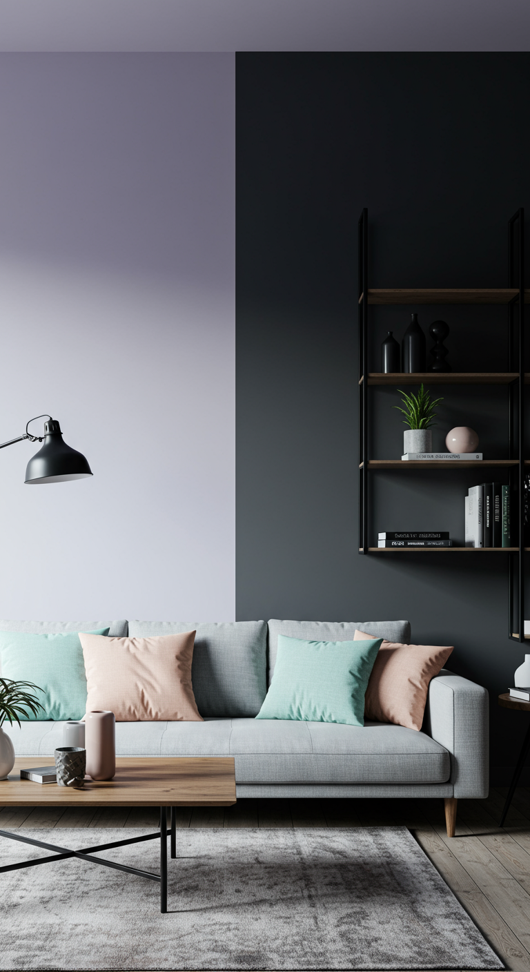 Woonkamer met lila en donkergrijze colour block muur, grijze bank en pastel kussens.