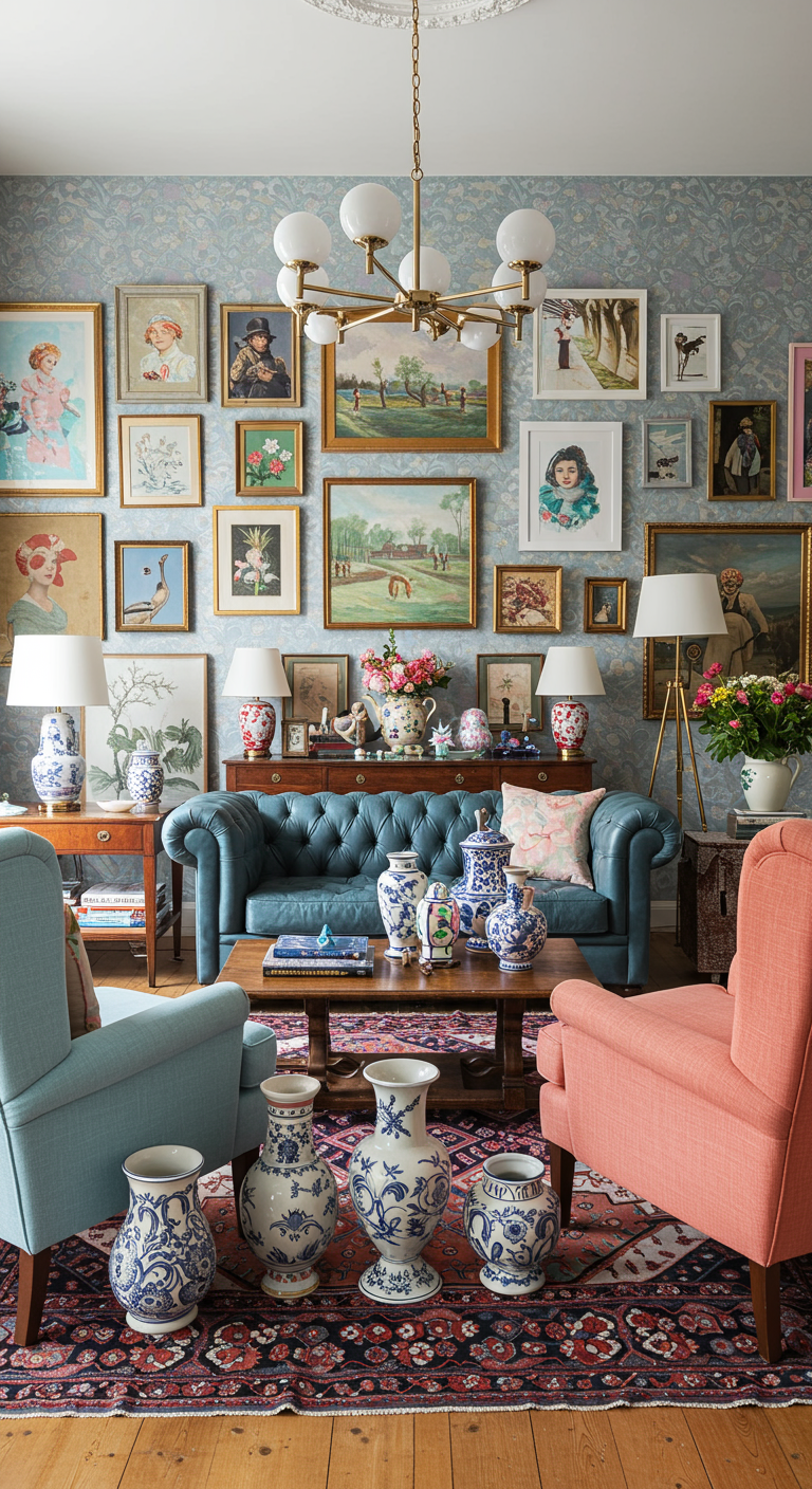 Eclectische woonkamer met blauwe Chesterfield, gallery wall en pastelkleurige fauteuils.