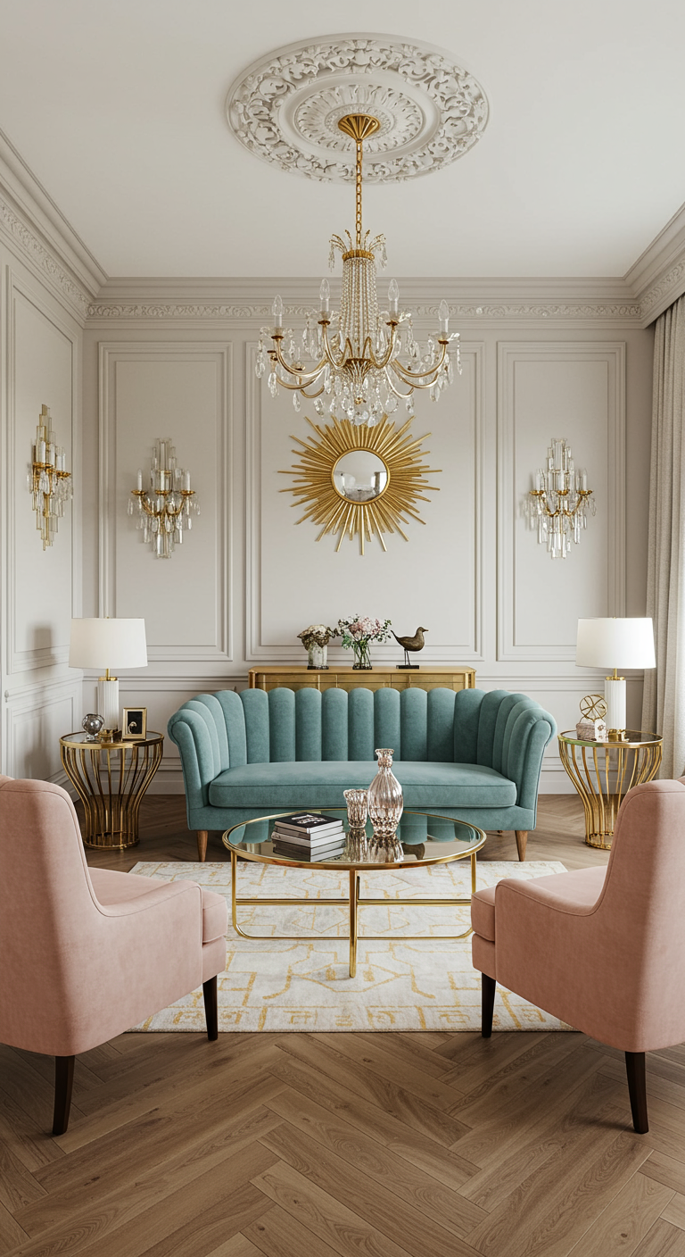 Klassieke woonkamer met turquoise fluwelen bank, roze fauteuils en gouden accenten.