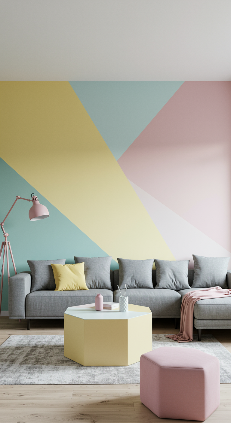 Woonkamer met geometrische pastel muurschildering, grijze bank en roze poef.