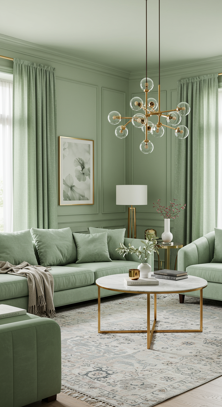 Saliegroene woonkamer met ton-sur-ton bank, gordijnen en muren, gouden accenten.
