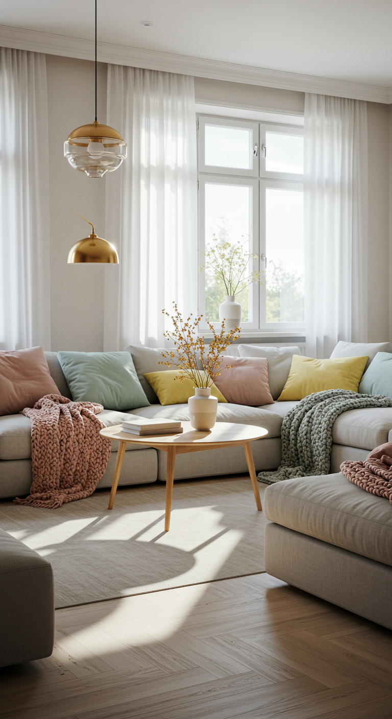 Lichte woonkamer met grijze hoekbank, pastel kussens en plaids, houten salontafel.