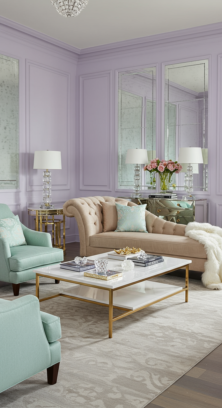 Elegante woonkamer met lila muren, spiegelpanelen, en mintgroene en beige meubels.