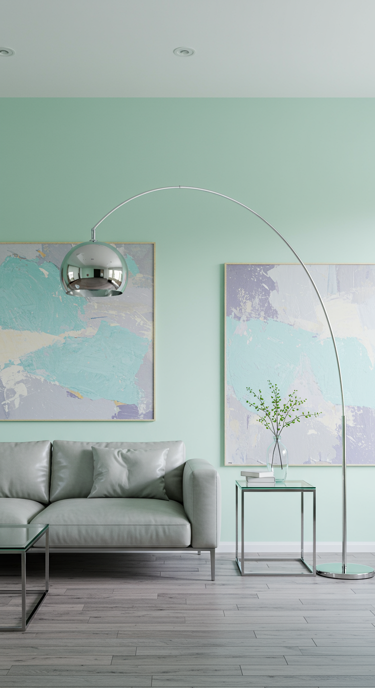 Moderne woonkamer met mintgroene muur, grijze leren bank en chromen booglamp.