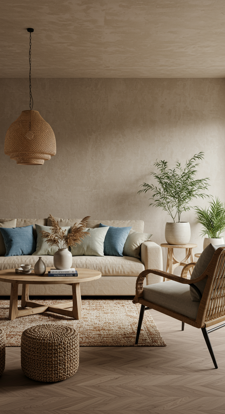 Naturel woonkamer met beige muren, rotan meubels en kussens in zachtblauwe tinten.