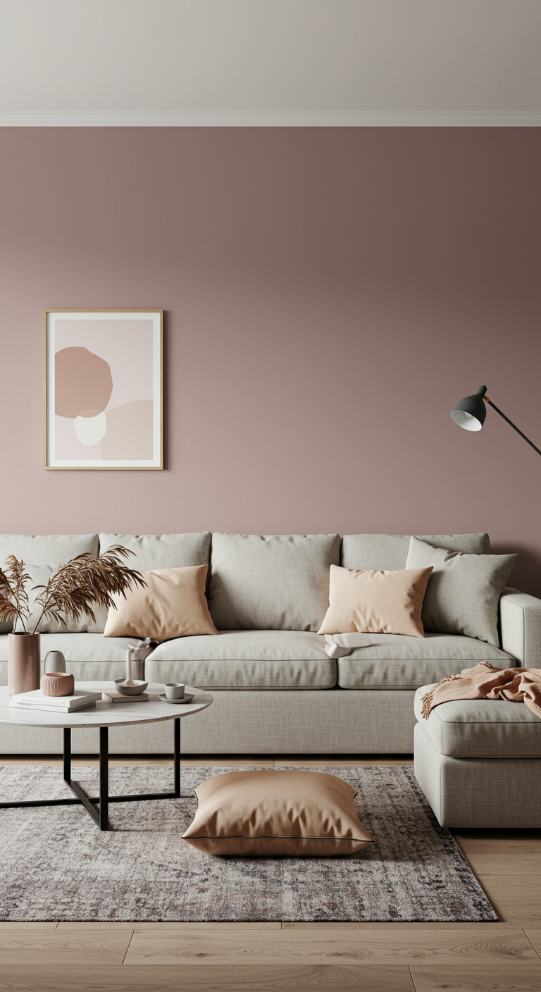 Woonkamer met oudroze muur, grijze bank, beige kussens en houten vloer.