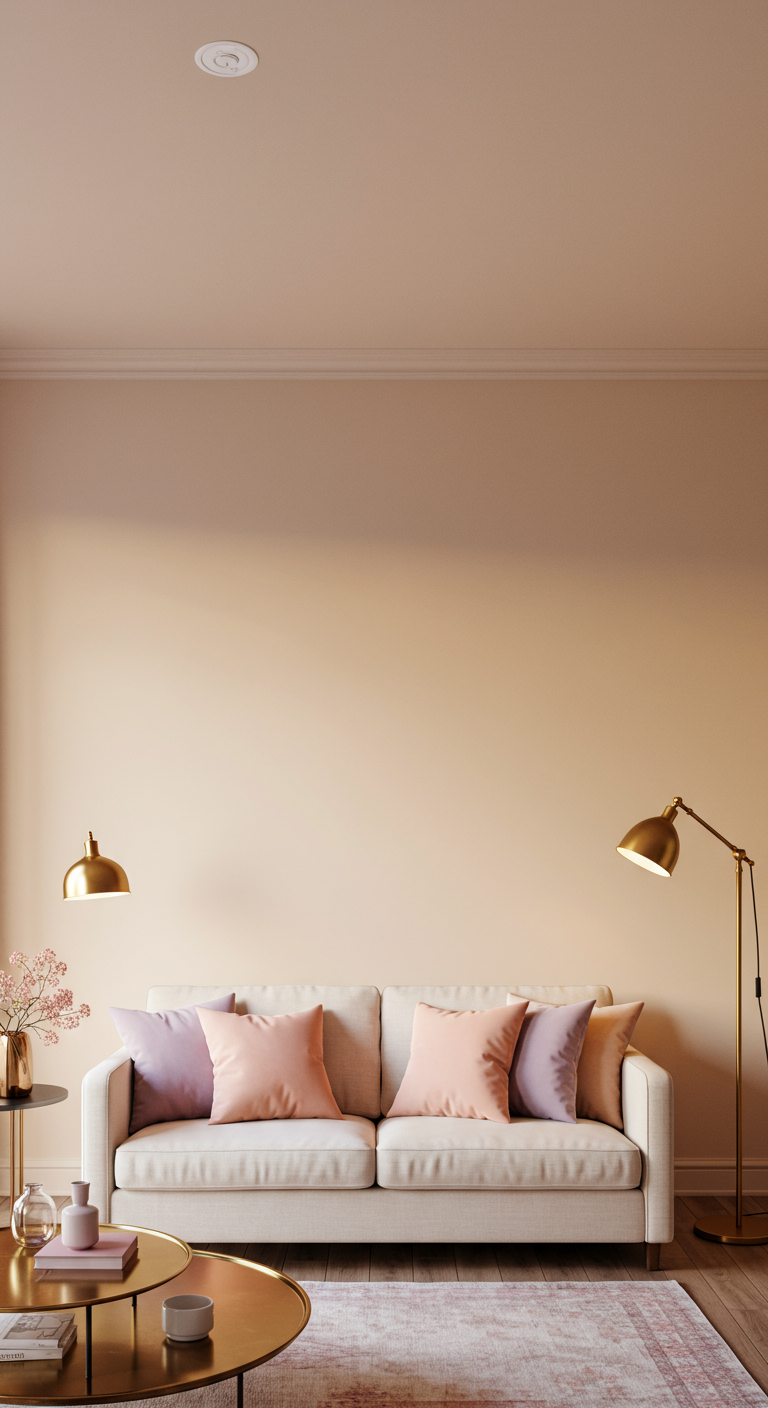 Woonkamer met perzikkleurige muren, crèmekleurige bank en pastel roze/lila kussens.
