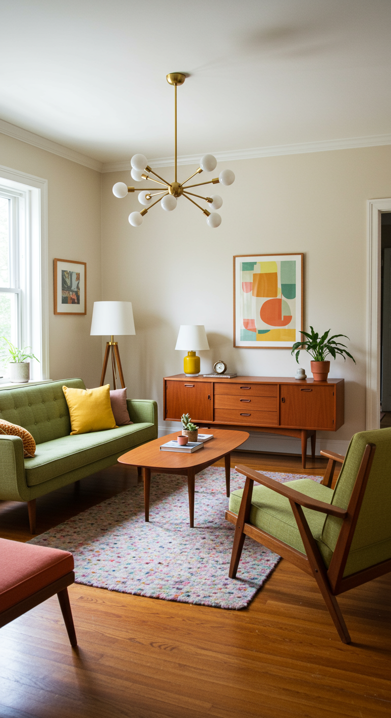 Mid-Century Modern woonkamer met groene bank, houten dressoir en kleurrijke accenten.