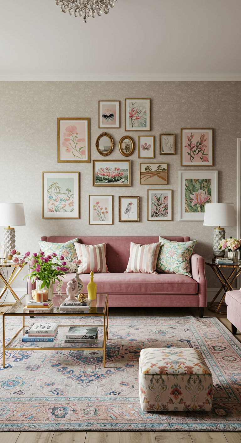 Woonkamer met roze fluwelen bank, gallery wall met pastelaccenten en gouden details.