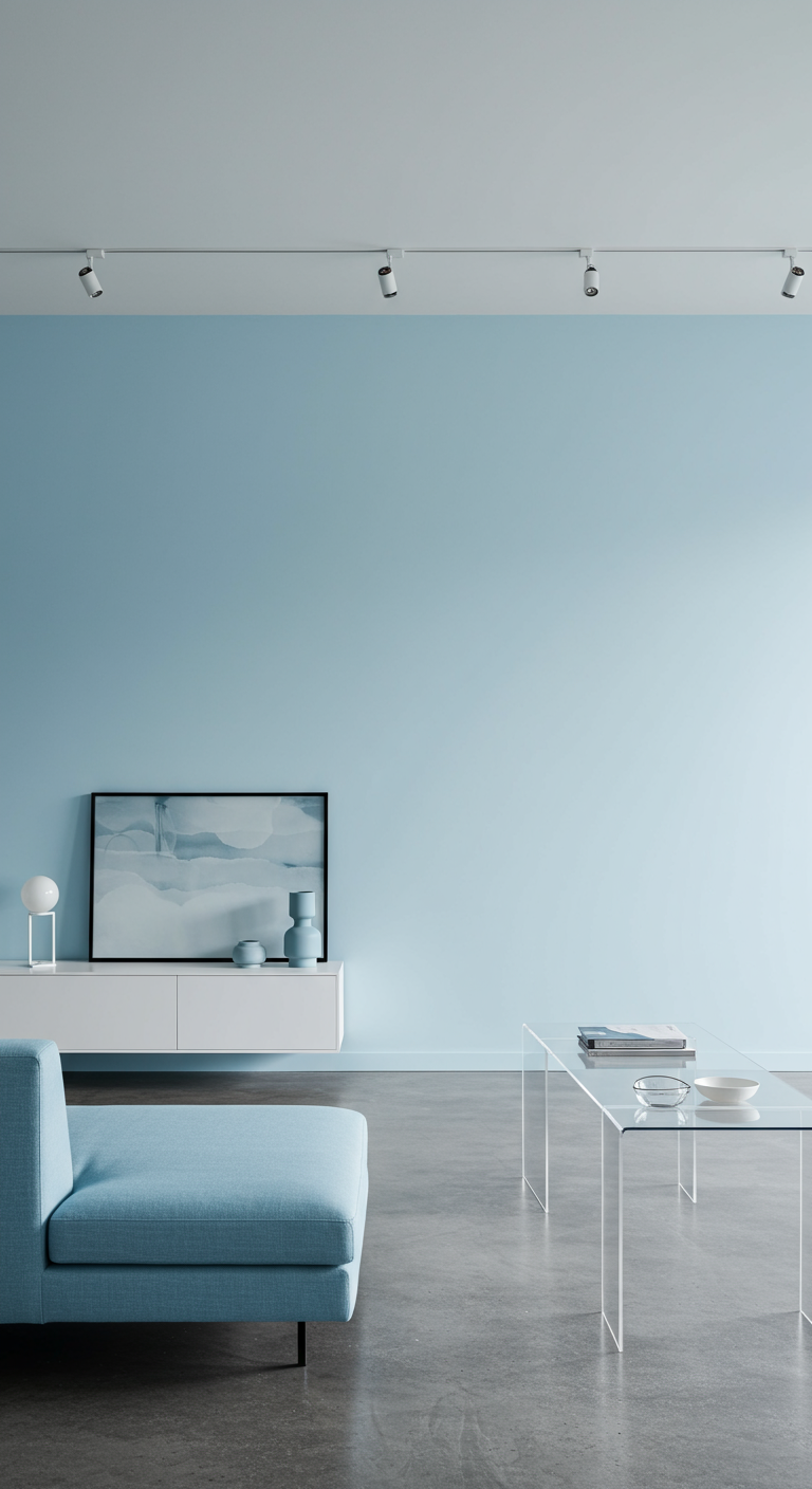 Minimalistische woonkamer met lichtblauwe muur, lichtblauwe bank en glazen salontafel.