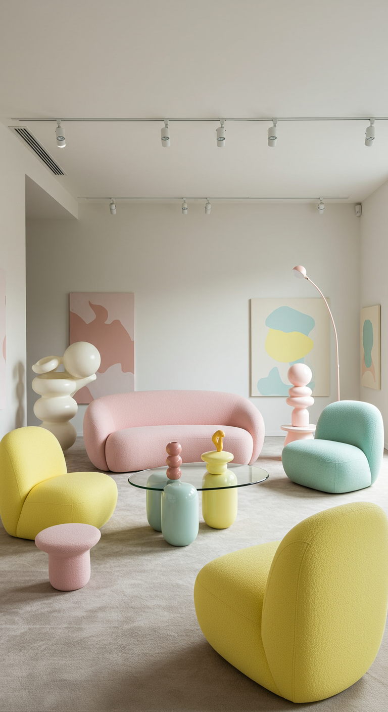 Moderne woonkamer met sculpturale meubels in pastelroze, geel en mintgroen.