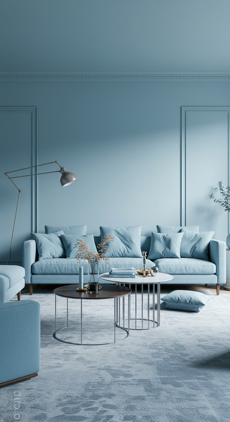 Monochrome woonkamer in stofblauwe tinten, met blauwe muren, bank en kussens.