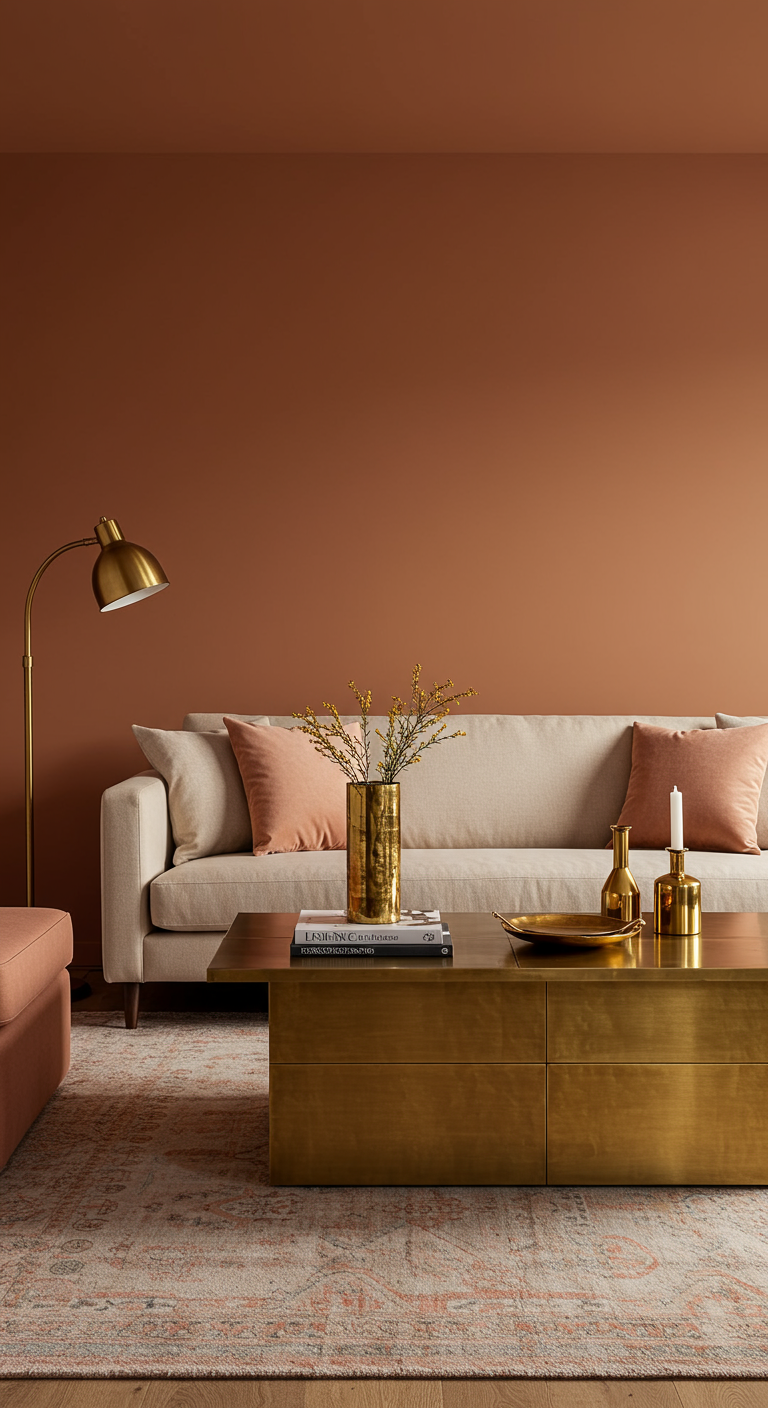 Woonkamer met terracotta muur, beige bank, roze kussens en gouden salontafel.