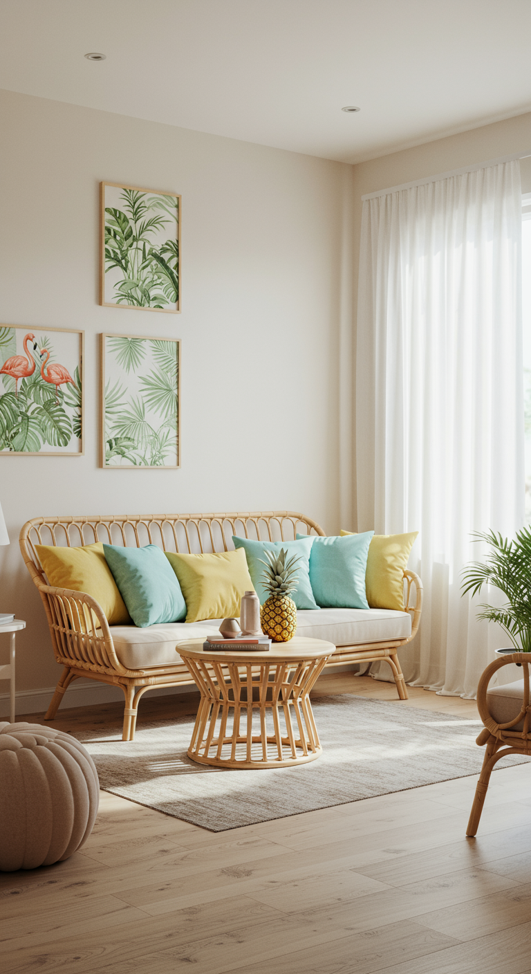 Tropische woonkamer met rotan bank, gele en turquoise kussens, en botanische prints.