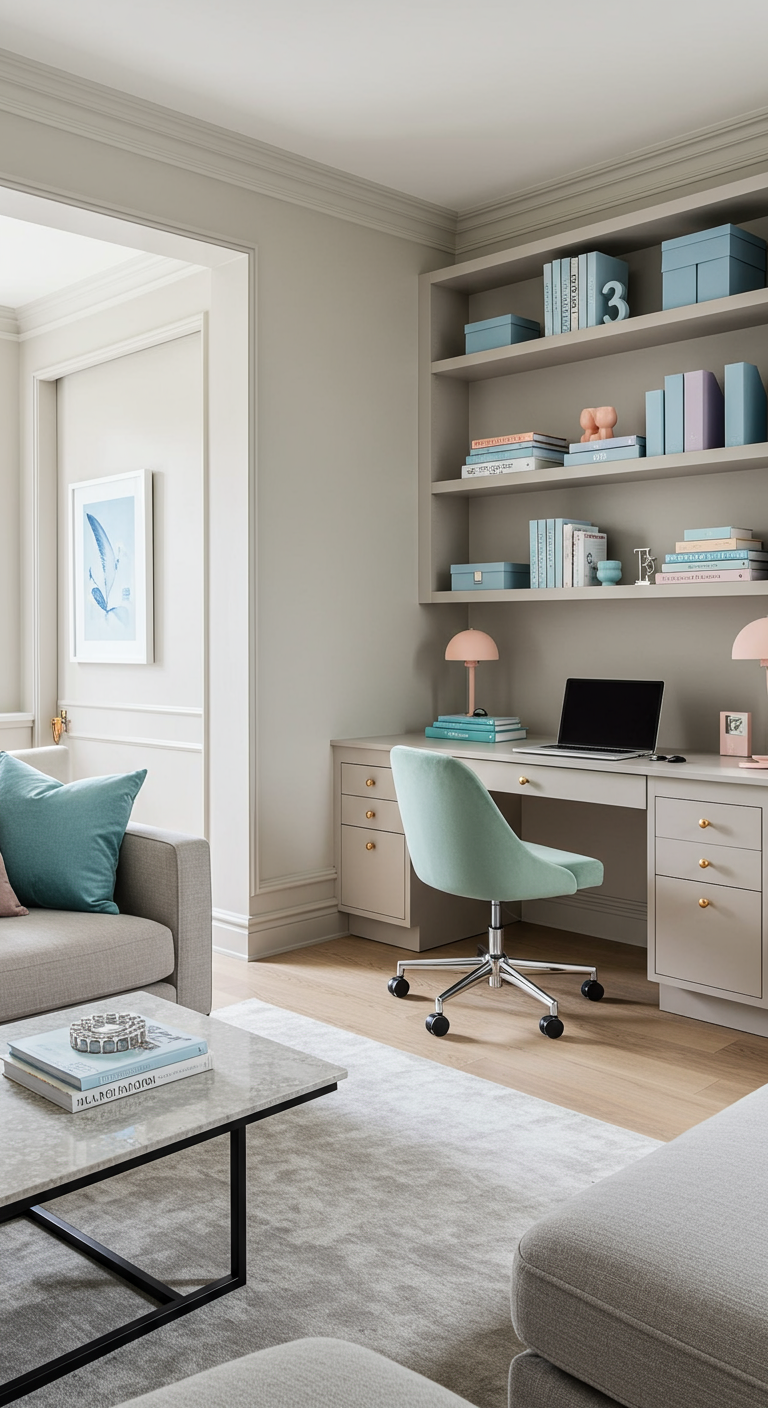 Stijlvolle werkplek in woonkamer met grijze kasten en pastelkleurige accessoires.